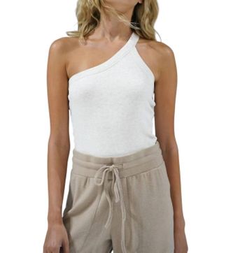 LnA Detra One Shoulder Rib Tank Top In White