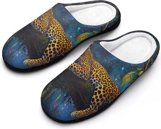 Generic Leopard Moon Womens Slippers Warm House Slippers Indoor House Shoes with Anti-Skid Rubber Sole