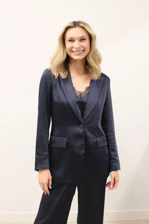 Skies Are Blue Clothing Icon Long Sleeve Brushed Satin Blazer In Deep Navy