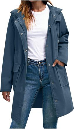 Generic Womens Waterproof Jacket Windbreaker Coats with Hood Mid Length Zip Up Coat with Button Casual Long Sleeve Pocket Tops Trendy Elegant Ladies Hiking Tr