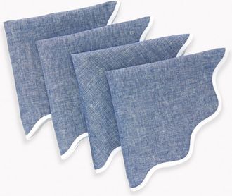 Solino Home Linen Dinner Napkins Set of 4, 20 Inch Round for Dining Table, Holiday and Everyday Table Decor - Giselle Scallop Edge in White And