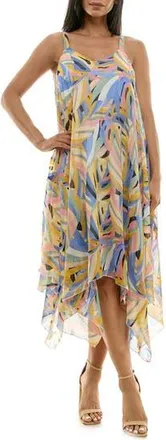 Nina Leonard Patterned Handkerchief Hem Dress in Denim Multi at Nordstrom Rack, Size Small
