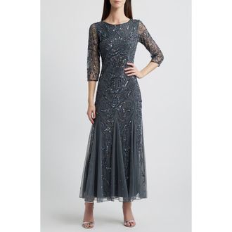 Pisarro Nights Illusion Sleeve Beaded A-Line Gown in Jbs Smoke at Nordstrom, Size 16