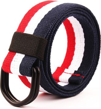 Generic JIER Canvas Double D-Ring Buckle Striped Belts for Men Nylon Double Ring Buckle Military Belt Rainbow Striped Belts (Black B,One Size)