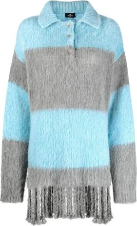 Etro Gestreepte gebreide poloshirt met franjes - Dames - Lange truien - Blauw - 2XS - Wol - Truien & Vesten