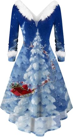 Generic Christmas Dresses for Women New Years Eve Dress UK Long Sleeve Christmas Fancy Dress for Women UK Elegant Party Tree Santa Snow Printed Fancy Xmas Dre