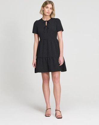 Finery Lola Tie Front Tiered Short Dress in Black Spot at Nordstrom, Size 18