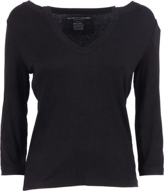 Majestic Filatures V-hals T-shirt met driekwart mouwen - Dames - V-hals truien - Zwart - L - Truien & Vesten