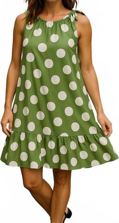 Calypso Tie Neck Gauged Trapeze Dress In Green Polka Dot