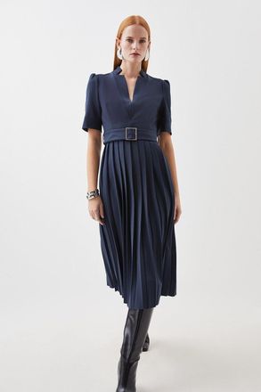 Karen Millen Womens Tailored Structured Crepe Forever Pleat Belted Midi Dress - Navy - Size 6 UK