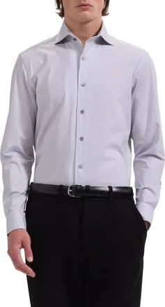 Bugatchi Devon OoohCotton Optical Grid Print Button-Up Shirt in Platinum at Nordstrom, Size Xxx-Large