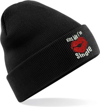Generic Embroidered Kiss Me Im Single Beanie Cap Classic Sexy Red Lips Funny Singles Unisex Gift Beanie Hat (Black)