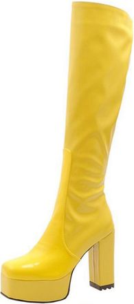 Generic Womens Square Toe Long Boots with Side Zipper Patent Leather Knee High Boots Chunky High Heel Platform Boot,Yellow,2.5 UK