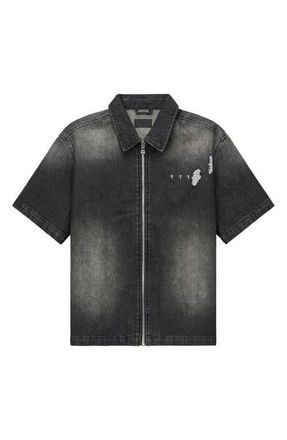 Rta Zeno Distressed Short Sleeve Denim Zip Shirt in Fray Noir at Nordstrom, Size Xx-Large