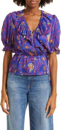 BA&SH Chella Puff Sleeve Peplum Top in Bleu at Nordstrom, Size X-Small