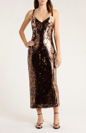 L'agence Noella Leopard Sequin Midi Sheath Dress in Brown Multi Amur Leopard at Nordstrom, Size 14