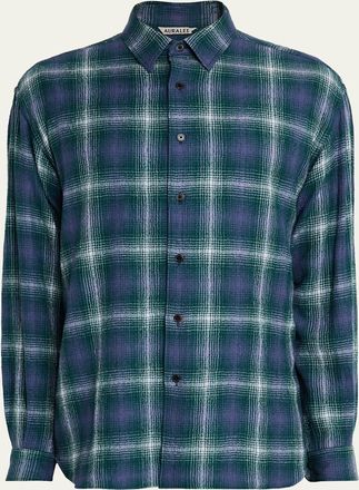 Auralee Mens Plaid Wool Button-Down Shirt