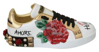 Dolce & Gabbana Womens Sequin Rose Sneakers With Studs - White Leather - Size 35.5 EU/IT