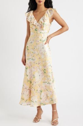 Lulus Carter Ruffle Neck Tie Back Maxi Dress in Yellow Floral at Nordstrom, Size X-Small