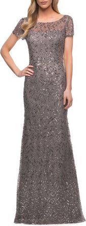 La Femme Beaded Long Dress with Illusion Top and Sleeves in Silver at Nordstrom, Size 20