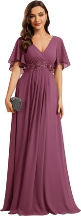 Ever-pretty Womens Chiffon V Neck Short Sleeves Appliques Formal Evening Dresses Bridesmaid Damson 16
