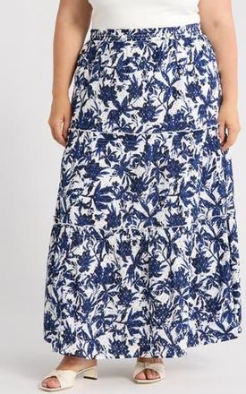 Caslon Print Eyelet Tiered Maxi Skirt in Ivory- Blue Navy Bea Floral at Nordstrom Rack, Size 3X