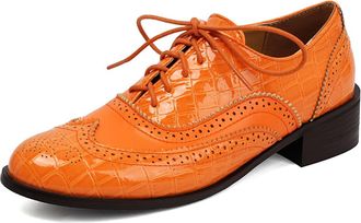 Generic Womens Lace Up Oxfords Shoes Low Block Heel Vintage Brogues Round Toe Office Dress Shoes,Orange,10.5 UK