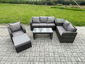 Fimous 7 Seater Outdoor Rattan Garden Furniture Set Rattan Lounge Sofa Set with Rectangular Coffee Table Reclining Chair Big Footstool Side Table