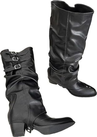 Generic Punk Punk Y2k Gothic Style Vintage Motorcycles Western Boots For Women Black Rivets Knee High Boot Shoes(Black,7.5US)