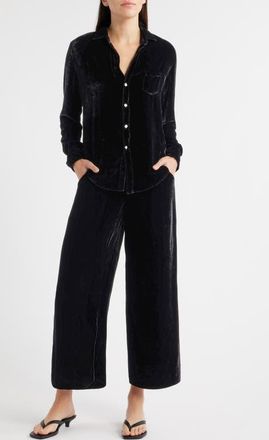 Frank & Eileen Tuscany Getaway Velvet Button-Up Shirt & Crop Wide Leg Pants Set in Black at Nordstrom, Size Medium