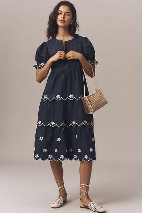 English Factory Puff-Sleeve Embroidered Midi Dress