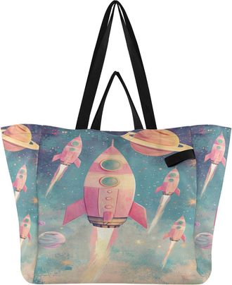 Generic Planet Blue pattern Reusable Canvas Tote Bag, Heavy Duty Grocery Shopping Bag with Hard Bottom Double Handles Large Capacity Work Groceries Travel