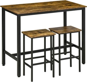 HOMCOM 3-Piece Industrial Bar Table Set - Table and 2 Chairs Rustic Brown | TJ Hughes