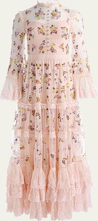 Alice & Olivia Allegra Floral Embellished Ruffle-Hem Dress