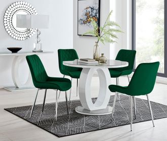 Furniturebox Giovani Round 4 Seat 100cm White High Gloss Halo Base Grey Glass Top Dining Table 4 Soft Velvet Silver Leg Pesaro Chairs in Green