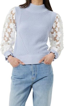 French Connection Juri Mozart Rib Sheer Sleeve Turtleneck in Crystal Clear/white at Nordstrom, Size X-Small