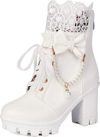 Generic Womens Cute Lolita Platform Ankle Boots with Lace Pearl Chain Bow Block High Heel Goth Punk Party Dress Shoes with Zipper (5.5,White)