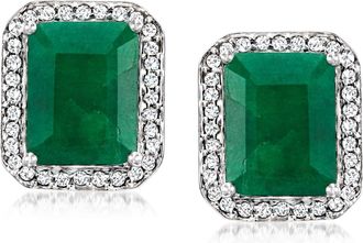 Ross-Simons Emerald and. Diamond Earrings in Sterling Silver