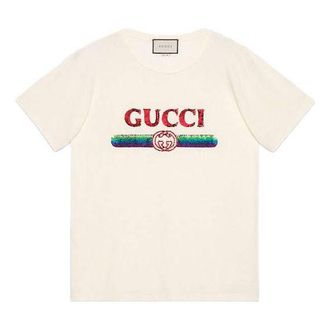 Gucci (WMNS) Gucci Sequined Letter Logo Oversized Short-Sleeved For White 492347-XJARM-7136