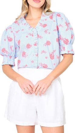 Gibsonlook Iris Stripe Floral Stretch Cotton Poplin Top in Nautical Rose Stripe at Nordstrom, Size X-Small