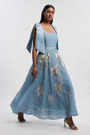 Karen Millen Womens Crystal Embellished Organdie Strappy Prom Dress - Blue/Dark Grey - Size 10 UK