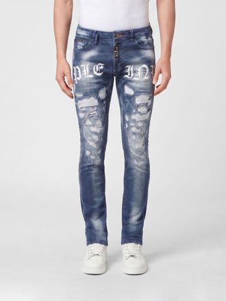 Philipp Plein Jeans skinny in denim distressed con stampa logo all-over