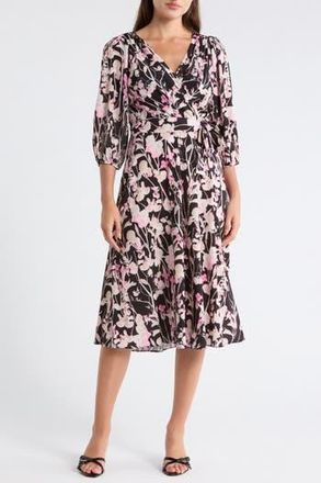 DKNY Floral Balloon Sleeve Faux Wrap Dress in Sweetest Of Peas- Black Multi at Nordstrom Rack, Size 18 (Similar To 14W)