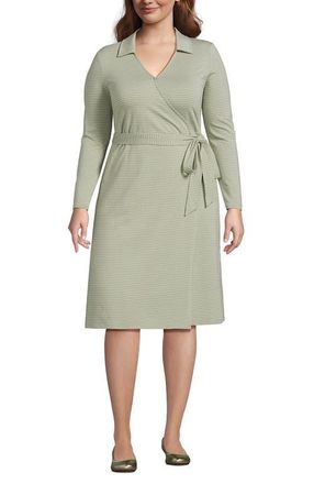 Lands End Plus Size Cotton Modal Collared Wrap Dress in Sage Thin Stripe at Nordstrom, Size 2X