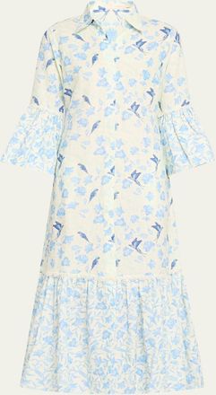 Verandah Floral Bird Linen-Cotton Midi Shirtdress