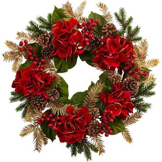 Nearly Natural 24-in Hydrangea Pine Wreath in Red at Nordstrom
