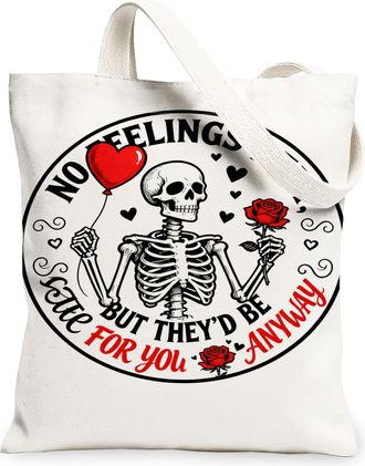Generic Skeleton Heart Canvas Tote Bags, Cute Skull and Rose Pattern Reusable Grocery Bags, Halloween Vintage Lightweight Washable, White, 13x15 Inch
