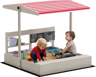 OUTSUNNY Arenero De Madera Para Ni&ntilde;os Con Techo Regulable Arenero Infantil Con Juguetes De Cocina Y Banco Juego Para Ni&ntilde;os De 3-7 A&ntilde;os 114x110x110 Cm