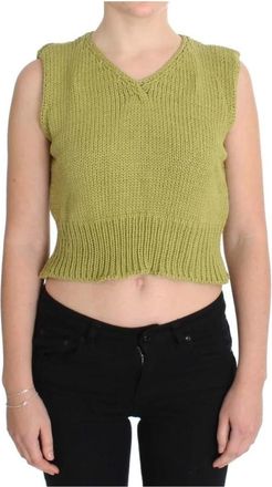 Pink Memories Groene Gebreide Mouwloze Vest met V-hals - Dames - V-hals truien - Groen - ONE Size - Katoen - Truien & Vesten