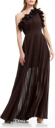 Dress The Population Vida One-Shoulder Pleated Chiffon Gown in Mocha at Nordstrom, Size Xx-Small